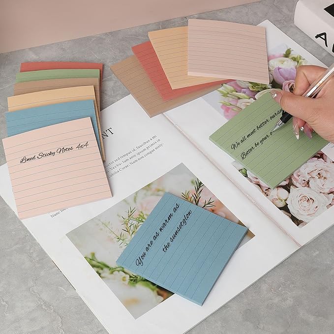 (12 Pack) Lined Sticky Notes 4x4 in, Vintage Colors Self Sticky Notes Pad Its Super Sticking Power Memo Pads, 4x4 Large Square Sticky Notes for Office, Home, School, Meeting