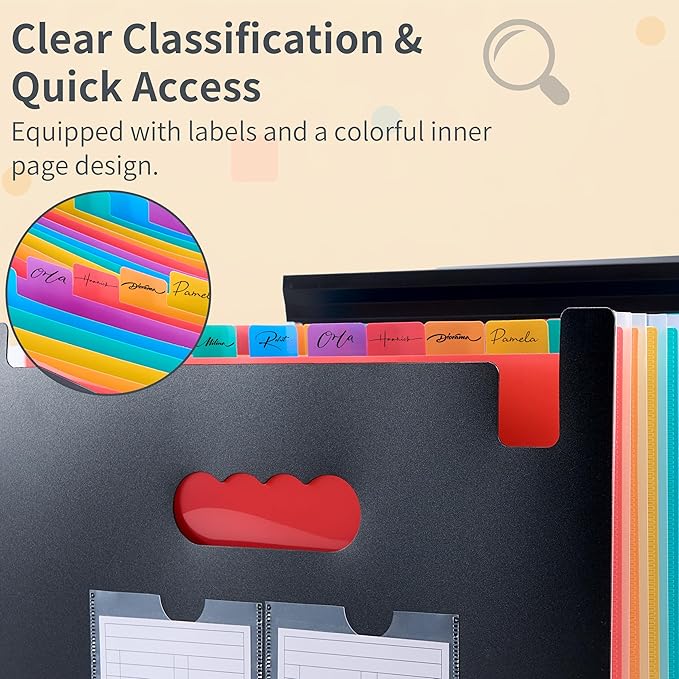 Accordion File Organizer, 2 Pack Secure Closure Expanding File Folder with 25 Pockets, Blank Labels and Colorful Inner Page, Large Waterproof Quick Access Folder Organizer for A4/Letter Size, Black