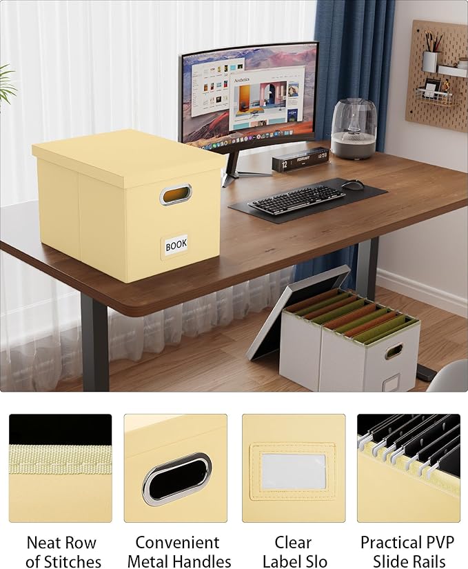 Oterri File Organizer Box,Filing Box with Lid,File Box for Letter/Legal File Folder Storage, Portable Hanging File Box for Office/Decor/Home,1 Pack, Cream-yellow(Leather),Box only