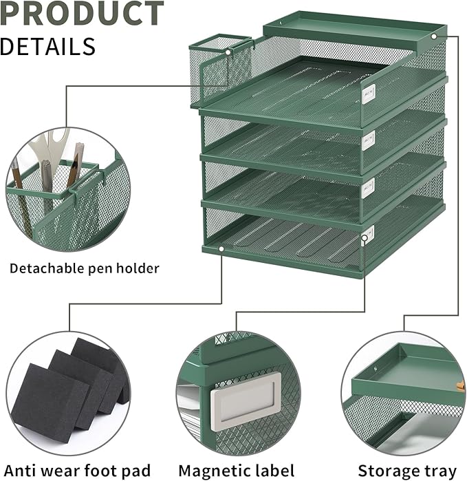 Stackable Letter Trays, 4 Tier Metal Paper Tray & Desk Organizer, Stackable File Trays for Office & Home, Multi-Functional Document Tray with Fine Grid Design & Magnetic Labels,Green