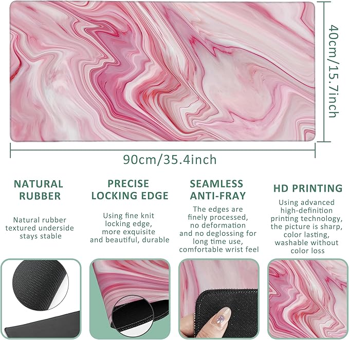 Large Mouse Pad Pink Marble Texture Extended Gaming Mouse Pad Non-Slip Desk Mat with Stitched Edge Laptop Computer Keyboard Mousepad for Office Home 35.4" x 15.7"