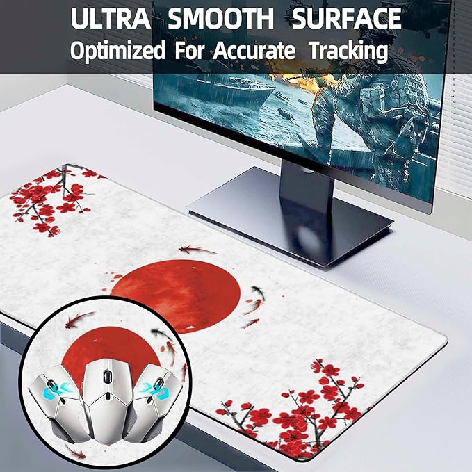 Desk Pad, Cherry Blossom Flowers Koi Carp Fishes and Red Sun Extended Large Gaming Mouse Pad XXL, Large Desk Mat for Desktop with Non-Slip Rubber Base Stitched Edges for Home Office 35.4"X15.7"