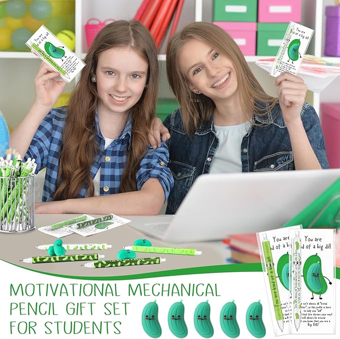 60 Sets Christmas Inspirational Gifts Pickle Pencils Bulk 6 Styles 0.7 mm Mechanical Pencils with Erasers Positive Cards for Xmas Holiday Student Teacher Coworker School Office Supplies