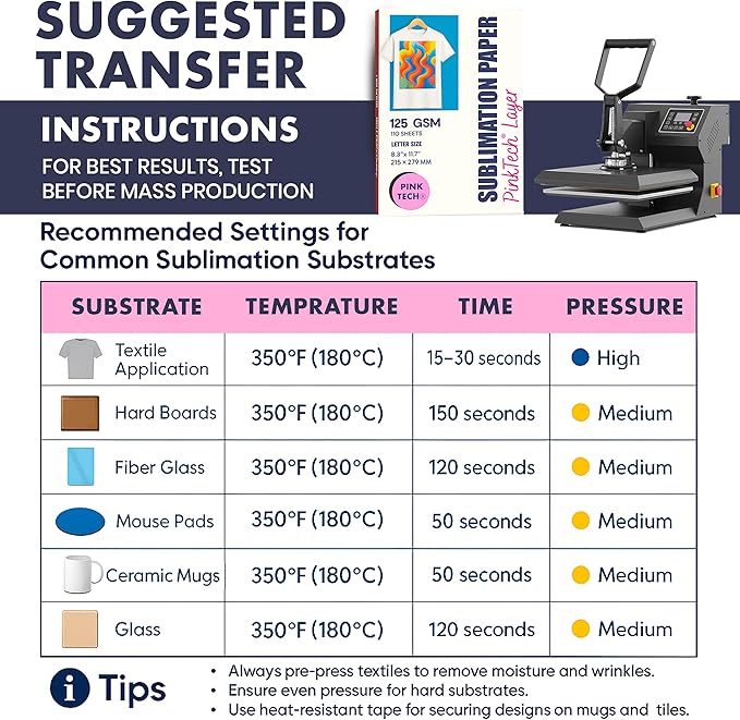 Hayes PinkTech Sublimation Paper 8.5x11 Inch 110 Sheets 125gsm for Inkjet Printer Epson Canon Sawgrass Heat Transfer Paper Works with Sublimation Ink for T-Shirts Mugs Tumblers Sublimation Blanks