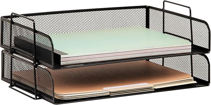 Mind Reader Stackable Paper Tray, Desktop Organizer, File Storage, Office, Metal Mesh, 13.25" L x 9.75" W x 6.25" H, 2 Pcs., Black