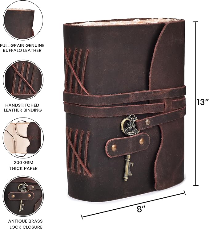 LEATHER VILLAGE Vintage Leather Journal – 200 Handmade Vintage Deckle Edge Paper – Leather bound Journal For Women Men – Vintage Key Closure - Book of Shadows - Chocolate Brown - 13X8 inches