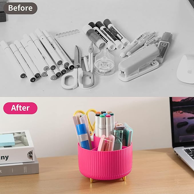 Hot Pink Desk Accessories, Hot Pink Office Supplies 360°Pen Holder Desk Organizers and Accessories with Tape Dispenser, Stapler, Staple Remover, 1000 Staples, Tape, Clips Set, Ruler, Scissor, Pen