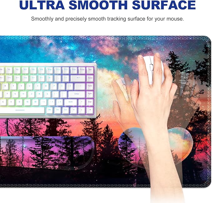 Keyboard Mouse Pad Set, Extended Gaming Mouse Pad +Keyboard Wrist Support +Mouse Wrist Rest +Coaster, 35.4x15.7 in XXL Large Ergonomic Desk Mat 4in1 Set for Home Office, Starry Forest