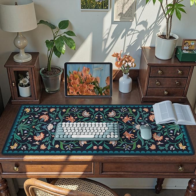 HAOCOO Navy Blue Iris Desk Mat, Large Mouse Pad, Non-Slip Keyboard Mat, Water-Resistant Computer Pad with Edge Stitching, Vintage Floral Desk Cover Mat, Desk Protector for Office, Home