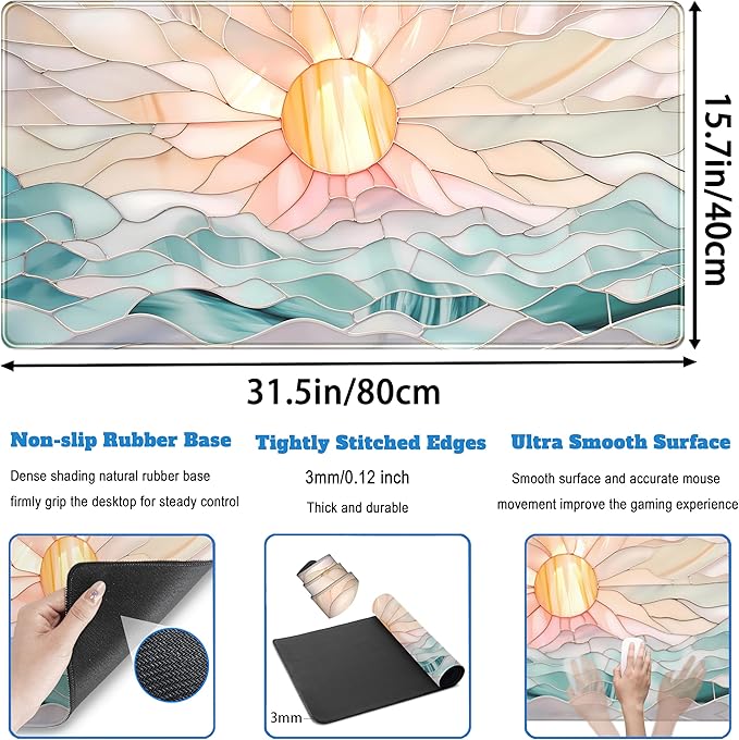 Desk Mat Gaming Desk Pad Large Mouse and Keyboard Pad, Abstract Serene Ocean Sunrise Mouse Mat XXL, Pastel Desk Protector Mat Computer Mats for Desktop Sun & Waves Office Decor 31.5" x 15.7"