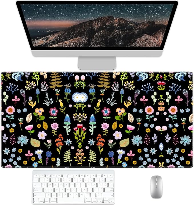 Flower Pad Protector, Floral Stitched Edges Mouse Pad, Large Office Mat, Non-Slip Desk Blotter, Laptop Desk Pad, Writing Pad for Office and Home (31.5" x 15.7")