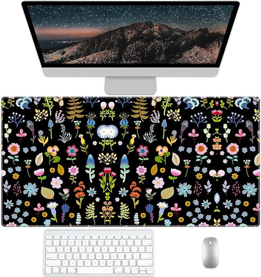 Flower Pad Protector, Floral Stitched Edges Mouse Pad, Large Office Mat, Non-Slip Desk Blotter, Laptop Desk Pad, Writing Pad for Office and Home (31.5" x 15.7")