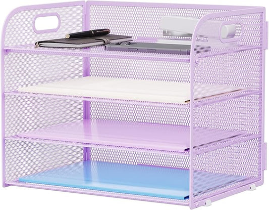 Marbrasse 4 Tier Paper Organizer Letter Tray - Mesh Desk File Organizer with Handle, Paper Sorter Organizer for Letter/A4 Office File Folder Holder (Purple, 12.6" x 9.1" x 10.7")