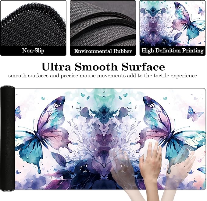 Butterfly Desk Pad Protector, Stitched Edges Mouse Pad, Large Office Desk Mat, Non-Slip Desk Blotter, Laptop Desk Pad, Desk Writing Pad for Office and Home (XXL)