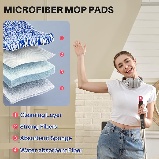 JOYMOOP Flat Mop, Microfiber Mops for Floor Cleaning and Wall Cleaner, 60" Long Handle with Flexible 13" Flat Head with a Microfiber Mop Pad - Black & Red