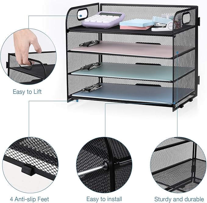 4-Tier Mesh Letter Tray Paper Organizer, Desk File Organizer with Handle - Black