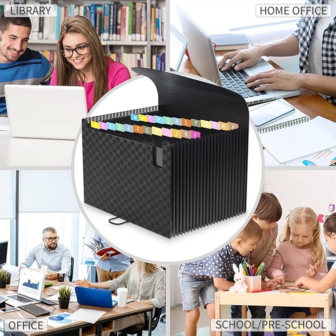 24 Pockets Accordion File Organizer,Document Organizer,Expanding File Folder Letter Size,Expandable Filing Box,Special Designed for Portable Use,Accordian Folders,Plastic (Grid Black)