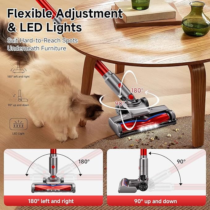 fenhua Cordless Vacuum Cleaner, Powerful Stick Vacuum Cleaner for Home with Rechargeable Battery, 6-in-1 Lightweight Handheld Vacuum, 45 Mins Runtime for Hardfloor & Carpets Pet Hair (red)