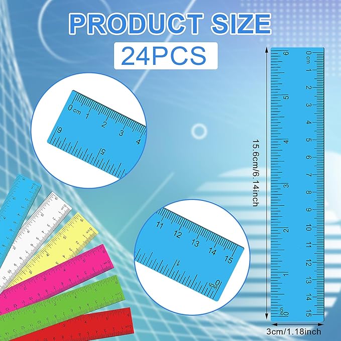 24Pcs Ruler 6 Inch, Clear Plastic Straight Edge Ruler, Colored Small Rulers Metric and Inches Drawing Rulers for Students Kids for Classroom School Supplies