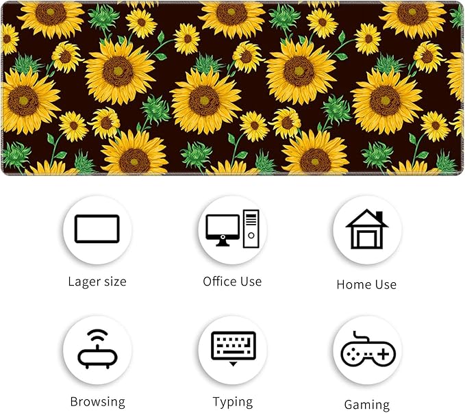 Large Gaming Mouse Pad with Stitched Edges, Desk Pad Protector, Computer Keyboard Mouse Mat Non-Slip Cute Desk Decor for Home/Office/Study Accessories+ Coaster, Sunflower Yellow