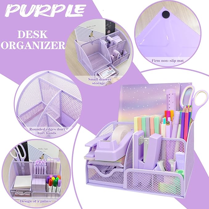 Purple Desk Accessories, 17Pcs Purple Office Supplies Set Include Mesh Desk Organizer, Stapler, Tape Dispenser, Staple Remover, Pen Holder, Clips, Pens, Ruler, for Office Home School Women