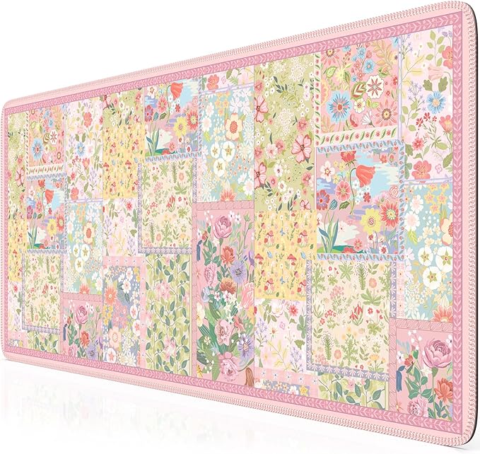 HAOCOO Cute Pink Desk Matt for Desktop, Floral Mouse Pad with Stitched Edge, Desk Protector Mat with Non-Slip Rubber Base, 35.4” x 15.7" Largr Computer Pad for Women Office