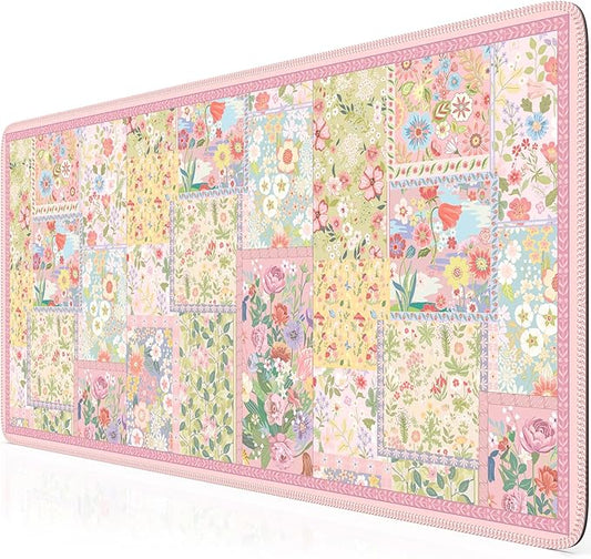 HAOCOO Cute Pink Desk Matt for Desktop, Floral Mouse Pad with Stitched Edge, Desk Protector Mat with Non-Slip Rubber Base, 35.4” x 15.7" Largr Computer Pad for Women Office