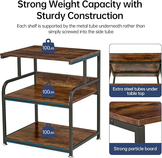 Large Printer Stand with Adjustable Storage Shelf, 3 Tier Printer Cart with Wheels for Home Office Organization, Rolling Table Stand for Heat Press Mini Fridge, Industrial Style