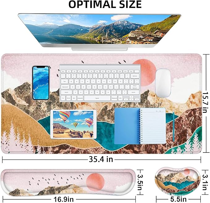 LATEEFAH Large Mouse Pad and Keyboard Wrist Rest, Desk Pad for Keyboard and Mouse, Extended Gaming Mouse Pad with Wrist Support, Waterproof Non-Slip Desk Mouse Mat for Office, Home