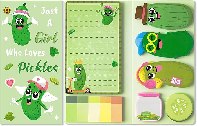 B1ykin Sticky Notes Set, Cartoon Theme Cute Self-Stick Notes Pad Teacher Appreciation Gifts， Self-Adhesive Writing Memo Pages Sticky to Do Notepad for Kids Employee School Office (Funny Pickles)
