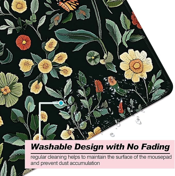 Floral Gaming Desk Mat, Computer Keyboard Large Extended Long Flower Plants Mouse Pad for Office and Home, XL (W19)