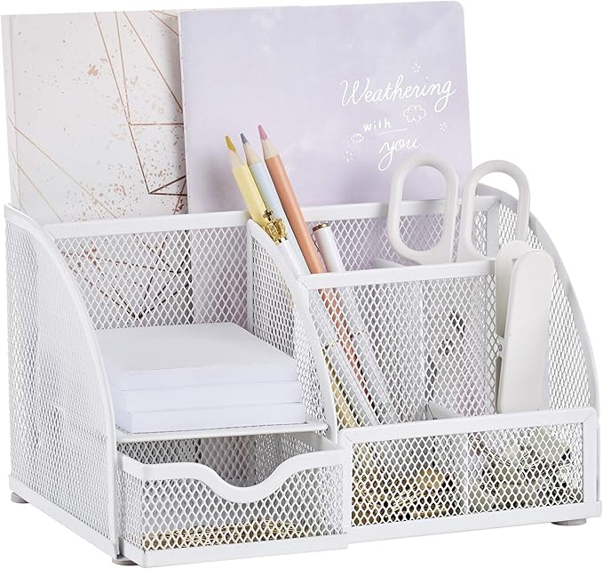 Exerz Desk Organizer White Office Desk Accessories Supplies Office Storage Desktop Pencil Pen Holder with Drawer Home Workspace