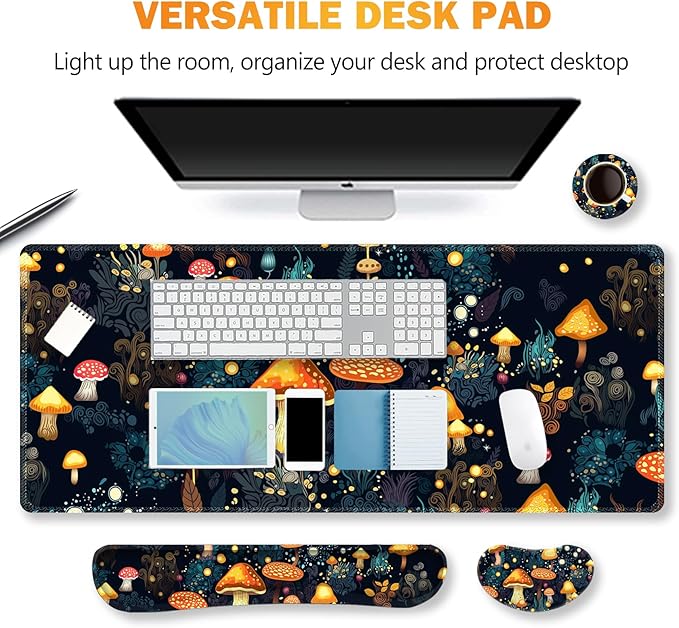ARTSO Large Gaming Mouse Pad, Keyboard Wrist Rest Pad & Wrist Support Mousepad Set, Stitched Edge, Extended, Non-Slip Base, Memory Foam Desk Mat for Office, Home, Cute Mushrooms