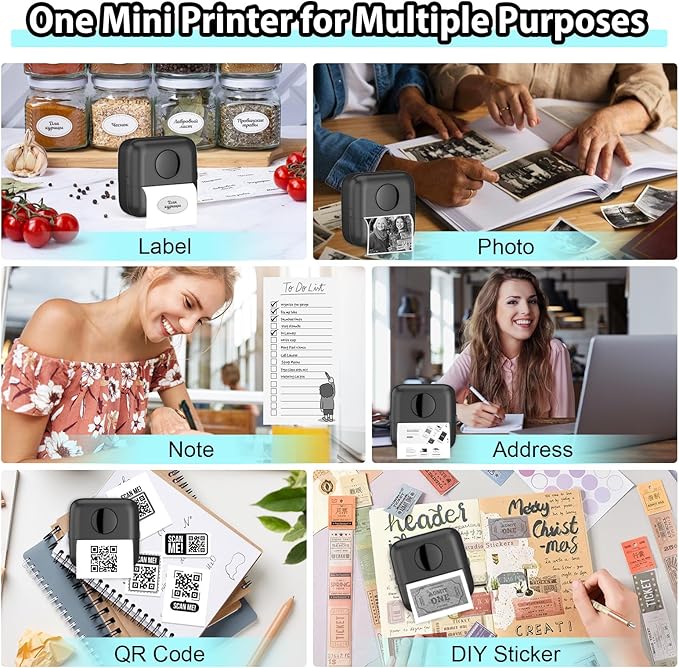 HuiJuKeJi Mini Sticker Printer Bluetooth Smart Pocket Inkless Thermal Printer with 11 Rolls Thermal Paper and Sticker for iOS&Android, Portable Receipt Printer for Photo Journal Notes Memo