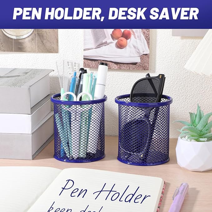 Segarty Pen Cup Holder for Desk, 12 Pack Round Dark Blue Pen Holder, Wire Mesh Pencil Cups Organizer Set for Office Supplies, School Classroom, Desktop Accessories, Makeup Brush