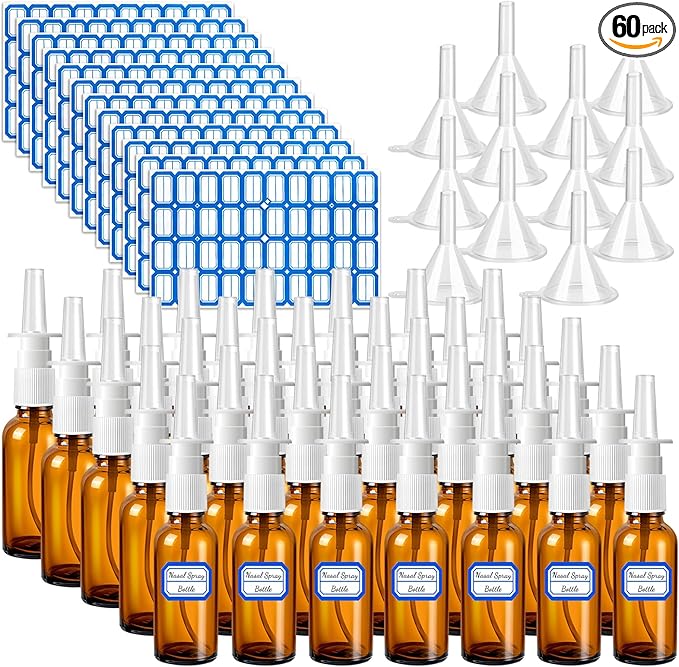60 Pcs Nasal Spray Bottle Empty, Brown Glass Refillable Fine Mist Nasal Spray Bottles with 12 Funnels and 12 Labels (30ML/1oz)