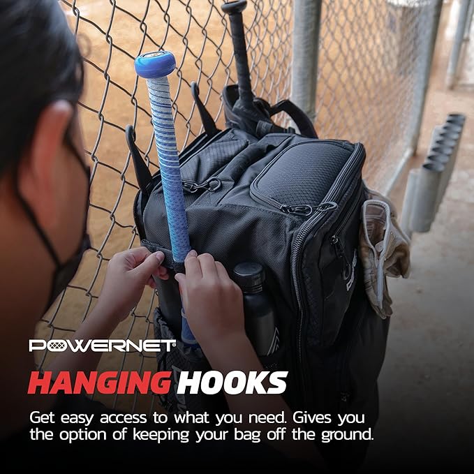 PowerNet Odyssey Softball & Baseball Bag, Rolling Backpack for Baseball Gear, Bat Bag with 4 Bat Sleeves, Cleat Compartment & Hanging Hooks