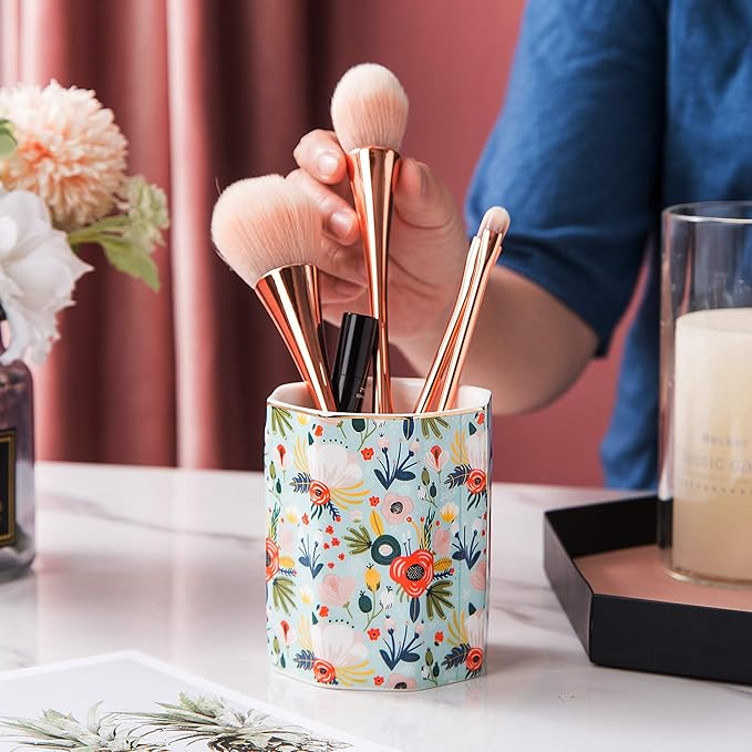 Jwest Pen Holder, Makeup Brush Holder Ceramic Shiny Gold Floral Pattern Pencil Cup for Girls Kids Women Durable Stand Desk Organizer Storage Gift for Office, Classroom, Home Mint Flowers