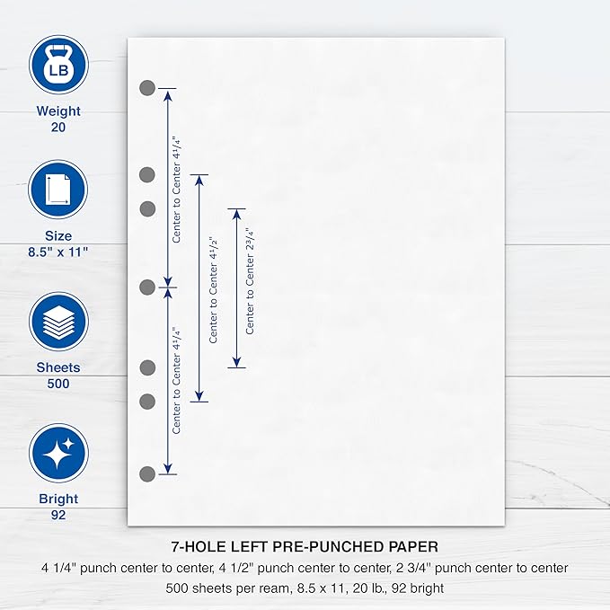 PrintWorks Professional Perforated and Punched Paper, 7-Hole Punched, 20 lb Bond Weight, 8.5 x 11, White, 500/Ream