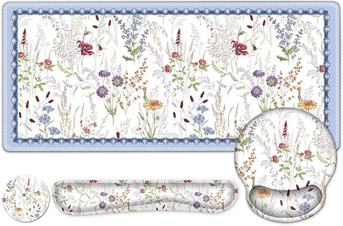 Floral Desk Mat, 4in1 Large Mouse Pad with Wrist Rest, Cute Desk Matt for Desktop, Desk Pad Mat, Anti-Slip XXL Computer Ergonomic Mousepad with Wrist Support for Keyboard and Mouse I Colorful Weeds