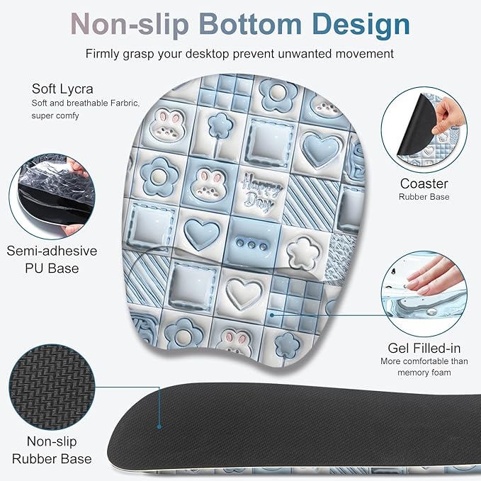 4 in 1 Large Mouse Pad, Keyboard Wrist Rest Set, Ergonomic Mouse Pad with Wrist Support, Desk Mat with Stitched Edges Extended Desk Pad Waterproof Desk Mat for Home Office Game I Cute Rabbit Baby Blue