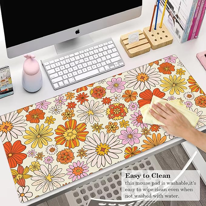 Orange Daisy Desk Protector, Stitched Edges Flower Mouse Mat, Large Office Mat, Non-Slip Blotter, Laptop Desk Pad, Floral Writing Pad for Office and Home (31.5" x 15.7")