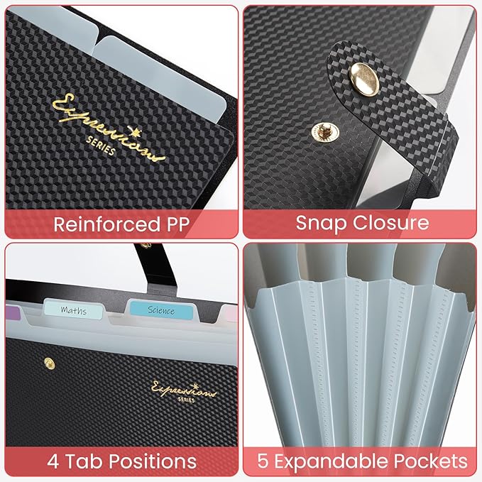 Sooez Expanding File Folder, Letter Size Accordion File Organizer, 5 Pocket Folders for Documents, Cute Folder with Labels, Portable Paper Organizer for School Office Supplies, A4 Size, Peach