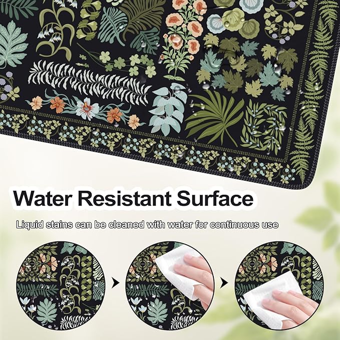 HAOCOO Black XXL Mouse Pad, Floral Desk Mat for Keyboard and Mouse, Vintage Keyboard Mat with Non-Slip Rubber Base, Water-Resistant Desk Pad Mat with Stitched Edges for Office