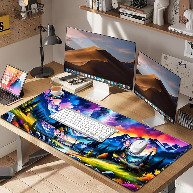 4 in 1 Large Mouse Pad, Keyboard Wrist Rest Set, Ergonomic Mouse Pad with Wrist Support, Desk Mat with Stitched Edges Extended Desk Pad Waterproof Desk Mat for Home Office Game I Landscaping Mountain
