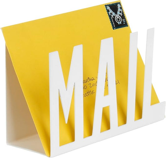 MyGift Modern White Metal Mail Holder Countertop Organizer with Cutout Mail Lettering Design, Office Desktop Envelope and Document Storage Rack