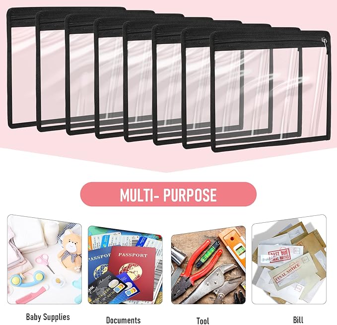 Outus 8 Pcs Clear Zipper Pouches Pencil Pouches PVC Makeup Pouch Envelopes Folder Storage Multi Purpose Pouch Document File Organization Bags, Office Supplies (Black Edgin,13 x 10.5 Inches)