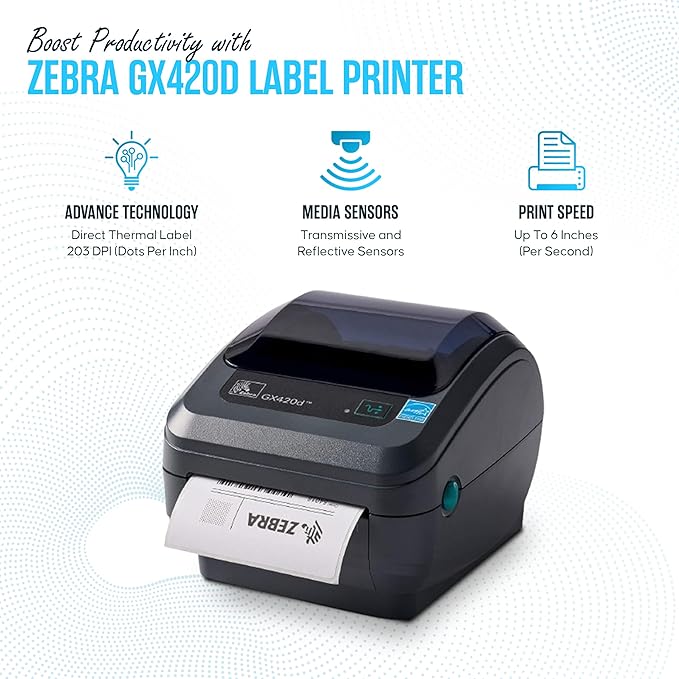 GX420D Zebra Direct Thermal Label, Receipt & Barcode Printer - with USB 2.0 Cable, 4x6 Label Roll, 24V - USB, Serial and Ethernet Connectivity (Renewed)