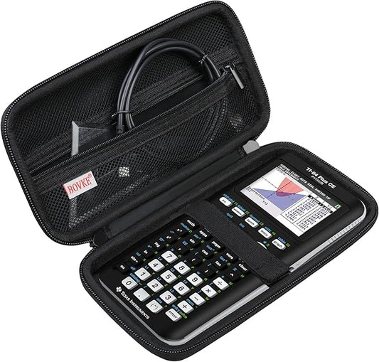 BOVKE Hard Travel Case for Texas Instruments TI-84 Plus CE/TI-84 Plus/TI-83 Plus CE/TI-83 Plus/Casio fx-9750GIII Graphing Calculator, Mesh Pocket for USB Cables, Manual, Pens, Accessories, Black