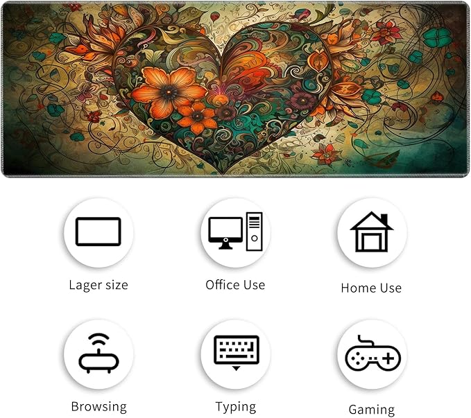 Extended Gaming Mouse Pad with Stitched Edges, Long XL Mousepad Desk Pad Keyboard Mat Water-Resistant for Work/Gaming/Office/Home, Koi Fish Heart-Shaped Flowers + Coasters and Stickers